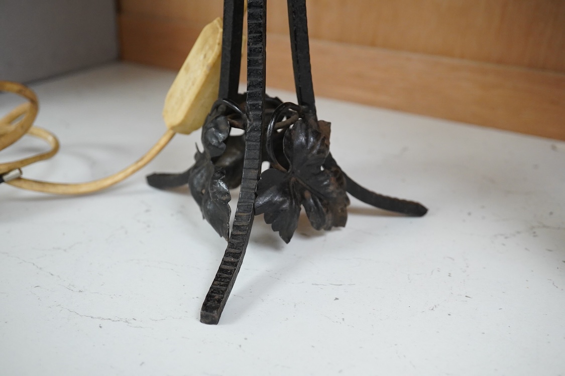 An Art Deco iron lamp with opaline glass shade, 33cm high